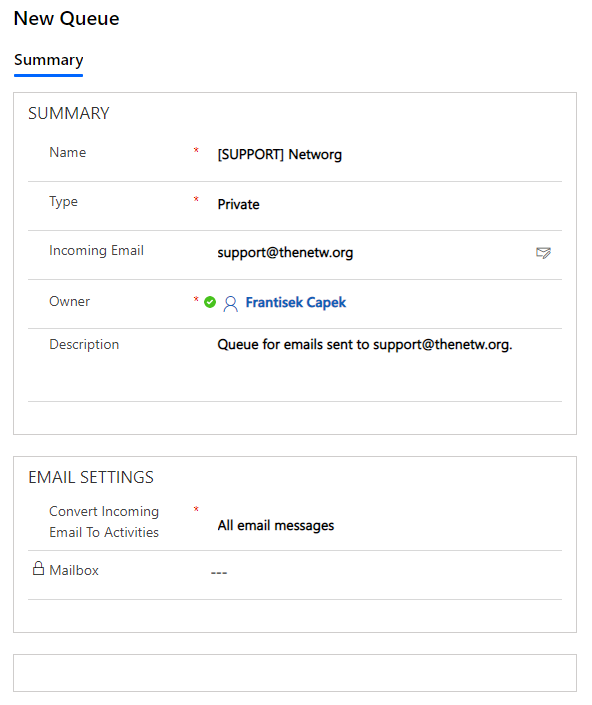 This is an example of a queue for shared mailbox support@thenetw.org in Dynamics CRM.